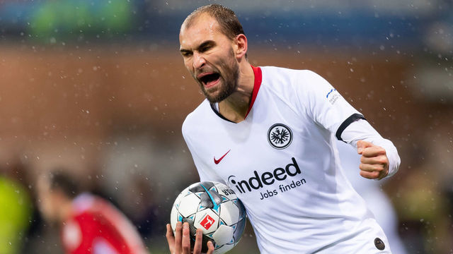PADERBORN, GERMANY - DECEMBER 22: (BILD ZEITUNG OUT) Bas Dost of Eintracht Frankfurt celebrates after scoring his team's first goal during the Bundesliga match between SC Paderborn 07 and Eintracht Frankfurt at Benteler Arena on December 22, 2019 in Paderborn, Germany.
