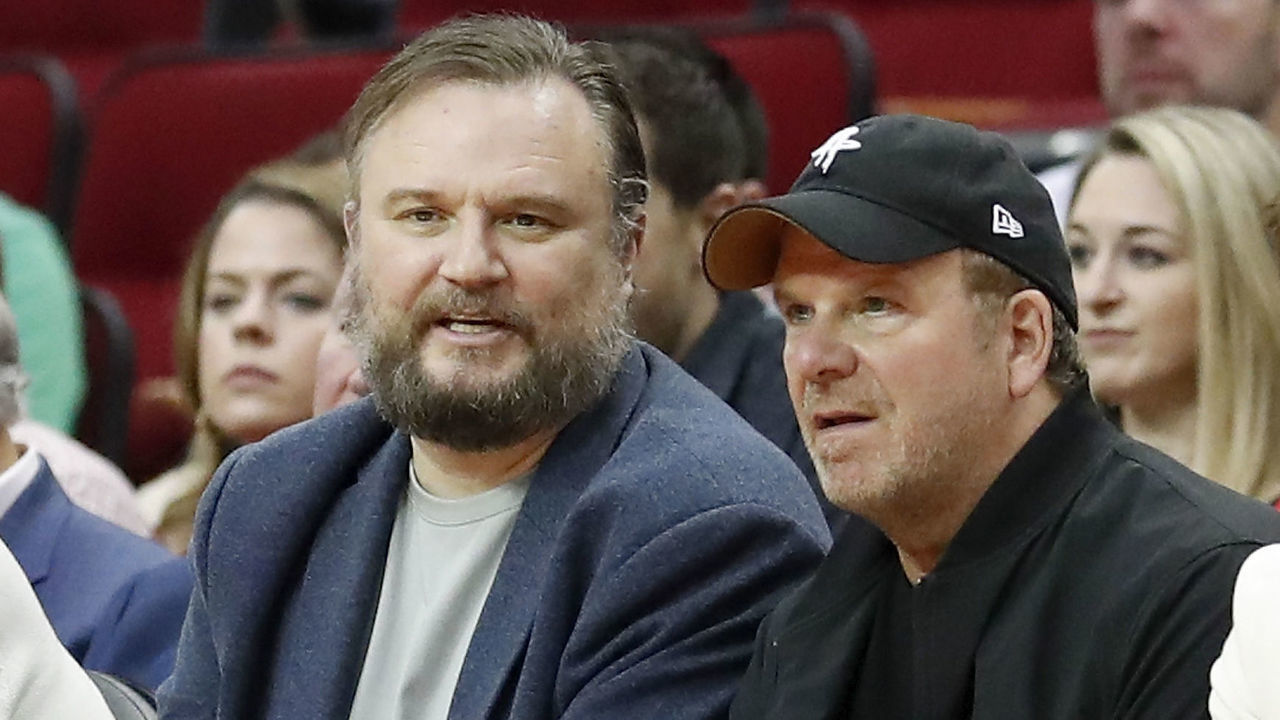 HOUSTON, TEXAS - MARCH 08: General manager Daryl Morey talks with owner Tilman Fertitta of the Houston Rockets during the game against the Orlando Magic at Toyota Center on March 08, 2020 in Houston, Texas.