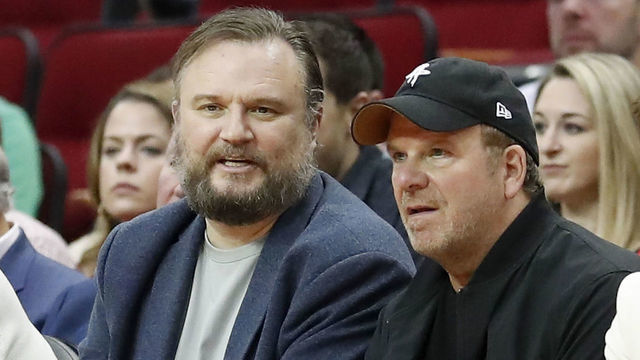 HOUSTON, TEXAS - MARCH 08: General manager Daryl Morey talks with owner Tilman Fertitta of the Houston Rockets during the game against the Orlando Magic at Toyota Center on March 08, 2020 in Houston, Texas.