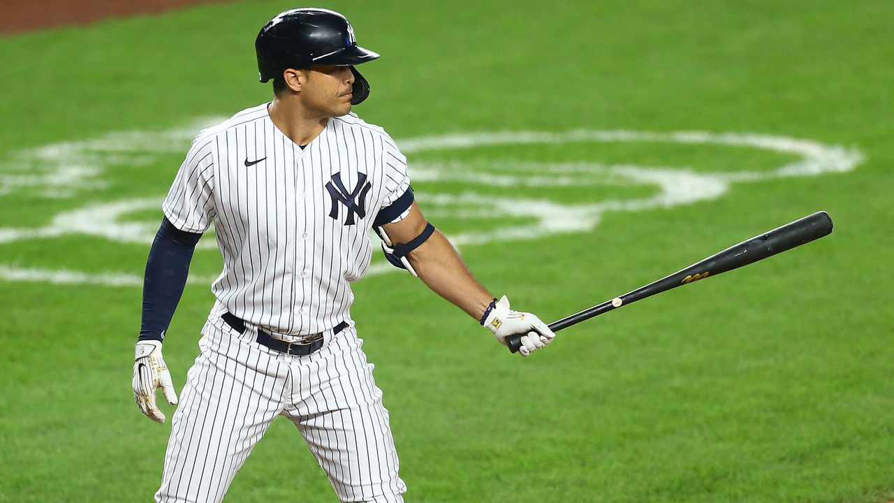 NEW YORK, NEW YORK - AUGUST 01: Giancarlo Stanton #27 of the New York Yankees in action against the Boston Red Sox at Yankee Stadium on August 01, 2020 in New York City. New York Yankees defeated the Boston Red Sox 5-2.