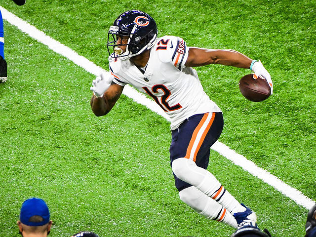 DETROIT, MI - SEPTEMBER 13: Chicago Bears wide receiver Allen Robinson (12) runs down the sidelines for a first down during the Detroit Lions versus Chicago Bears game on Sunday September 13, 2020 at Ford Field in Detroit, MI.