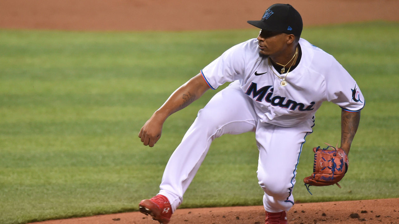 MIAMI, FLORIDA - SEPTEMBER 02: Sixto Sanchez #73 of the Miami Marlins delivers a pitch against the Toronto Blue Jays at Marlins Park on September 02, 2020 in Miami, Florida.
