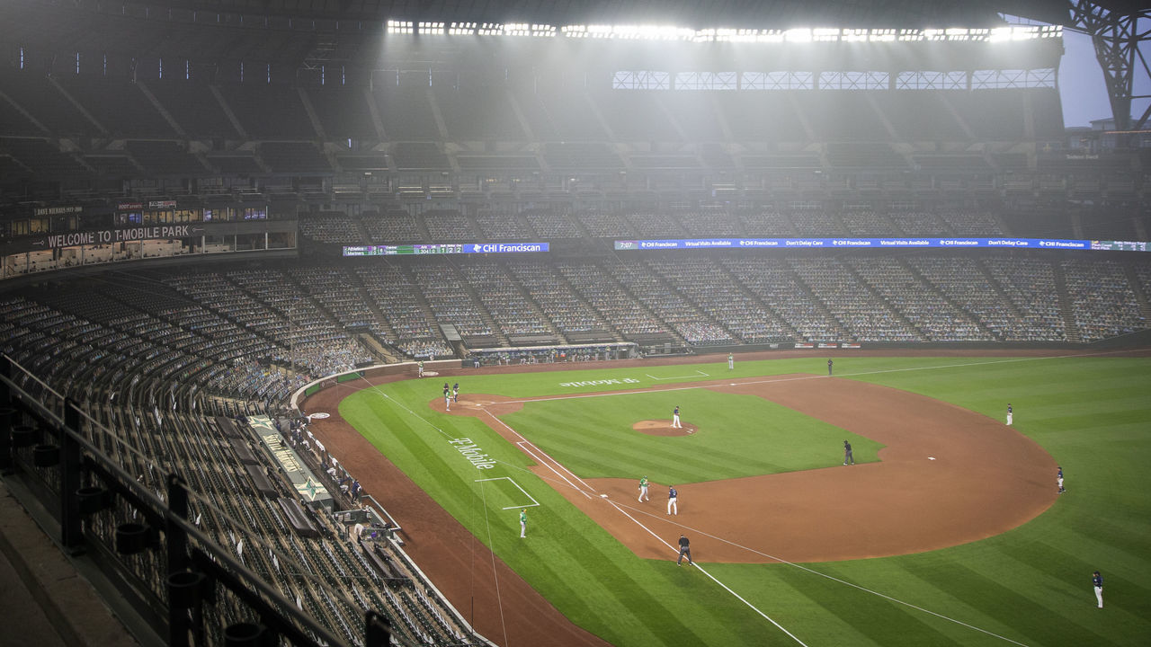 SEATTLE, WA - SEPTEMBER 14: Wildfire smoke fills the air during the second game of a doubleheader between the Seattle Mariners and Oakland Athletics at T-Mobile Park on September 14, 2020 in Seattle, Washington. The Oakland Athletics beat the Seattle Mariners 9-0.