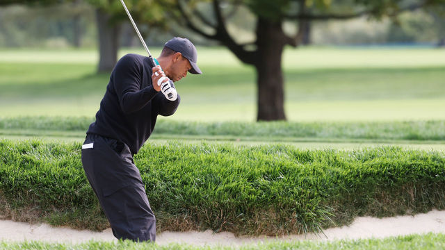MAMARONECK, NEW YORK - SEPTEMBER 15: Tiger Woods of the United States plays from a bunker during a practice round prior to the 120th U.S. Open Championship on September 15, 2020 at Winged Foot Golf Club in Mamaroneck, New York.