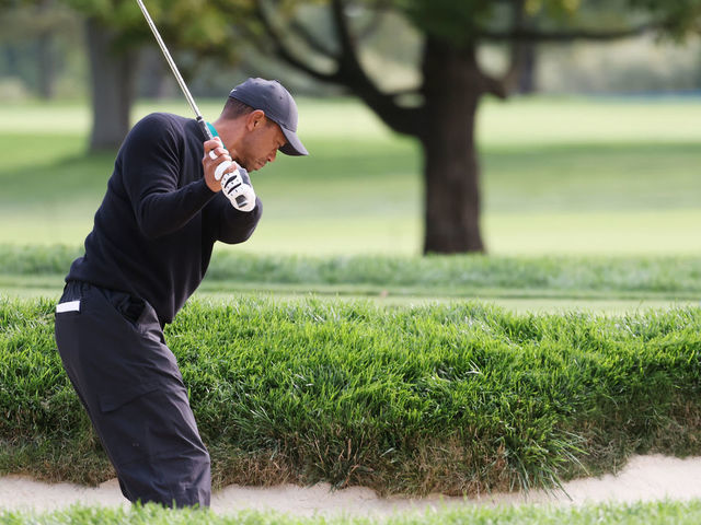 MAMARONECK, NEW YORK - SEPTEMBER 15: Tiger Woods of the United States plays from a bunker during a practice round prior to the 120th U.S. Open Championship on September 15, 2020 at Winged Foot Golf Club in Mamaroneck, New York.