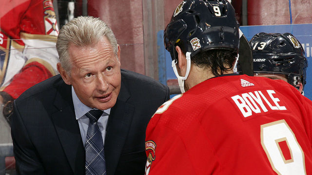 SUNRISE, FL - DECEMBER 28: Florida Panthers Assistant Coach Mike Kitchen directs Brian Boyle #9 during a break in the action against the Detroit Red Wings at the BB&T Center on December 28, 2019 in Sunrise, Florida.