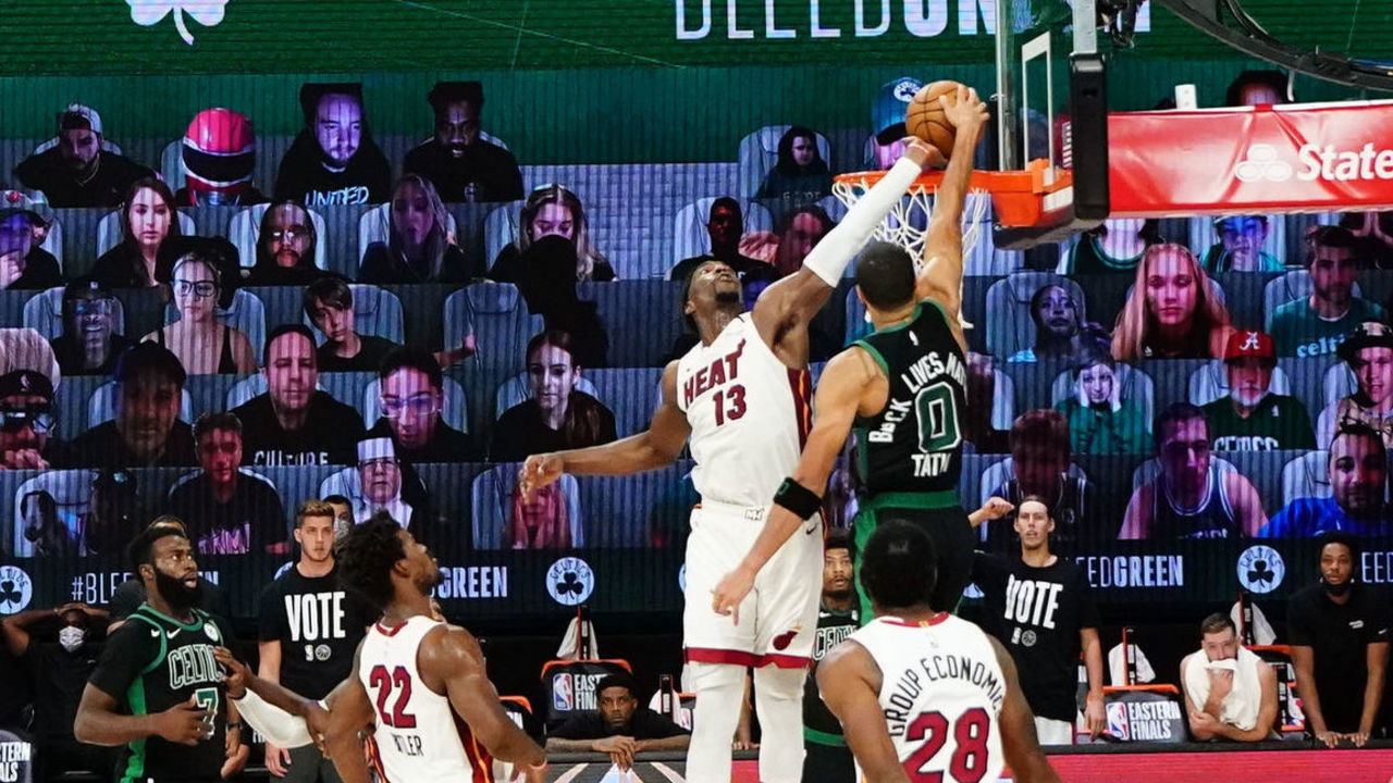 ORLANDO, FL - SEPTEMBER 15: Bam Adebayo #13 of the Miami Heat blocks a dunk attempt in the game against Jayson Tatum #0 of the Boston Celtics in Game one of the Eastern Conference Finals of the 2020 Playoffs as part of the NBA Restart 2020 on September 15, 2020 at The Field House at ESPN Wide World of Sports Complex in Orlando, Florida. NOTE TO USER: User expressly acknowledges and agrees that, by downloading and/or using this photograph, user is consenting to the terms and conditions of the Getty Images License Agreement. Mandatory Copyright Notice: Copyright 2020 NBAE