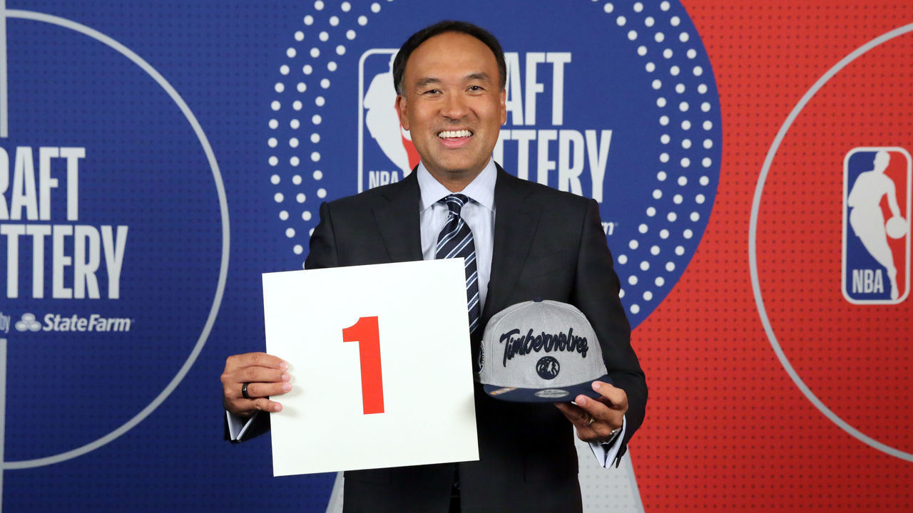 SECAUCUS, NJ - AUGUST 20: Deputy Commissioner of the NBA, Mark Tatum holds up the card of the Minnesota Timberwolves after they get the 1st overall pick in the NBA Draft during the 2020 NBA Draft Lottery on August 20, 2020 at the NBA Entertainment Studios in Secaucus, New Jersey. NOTE TO USER: User expressly acknowledges and agrees that, by downloading and/or using this photograph, user is consenting to the terms and conditions of the Getty Images License Agreement. Mandatory Copyright Notice: Copyright 2020 NBAE