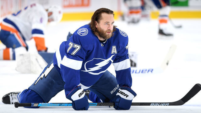 EDMONTON, ALBERTA - SEPTEMBER 09: Victor Hedman #77 of the Tampa Bay Lightning warms up before Game Two of the Eastern Conference Final of the 2020 NHL Stanley Cup Playoffs between the New York Islanders and the Tampa Bay Lightning at Rogers Place on September 09, 2020 in Edmonton, Alberta.