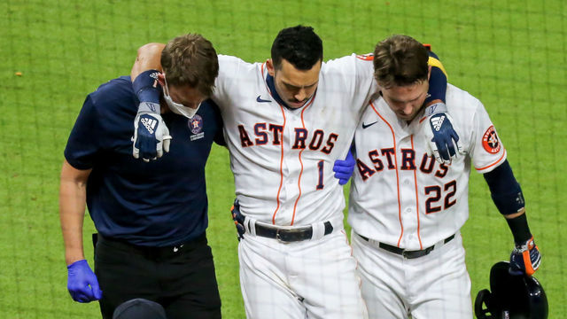 HOUSTON, TX - SEPTEMBER 15: Houston Astros shortstop Carlos Correa (1) leaves the batter box after hitting himself on a swing in the bottom of the sixth inning during the baseball game between the Texas Rangers and Houston Astros on September 15, 2020 at Minute Maid Park in Houston, Texas.