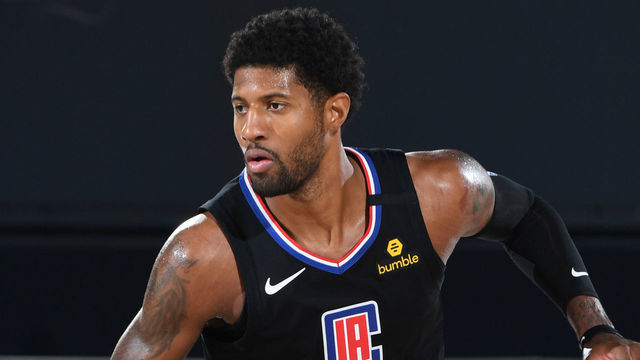 ORLANDO, FL - SEPTEMBER 15: Paul George #13 of the LA Clippers handles the ball against the Denver Nuggets during Game Seven of the Western Conference Semifinals on September 13, 2020 in Orlando, Florida at AdventHealth Arena. NOTE TO USER: User expressly acknowledges and agrees that, by downloading and/or using this Photograph, user is consenting to the terms and conditions of the Getty Images License Agreement. Mandatory Copyright Notice: Copyright 2020 NBAE