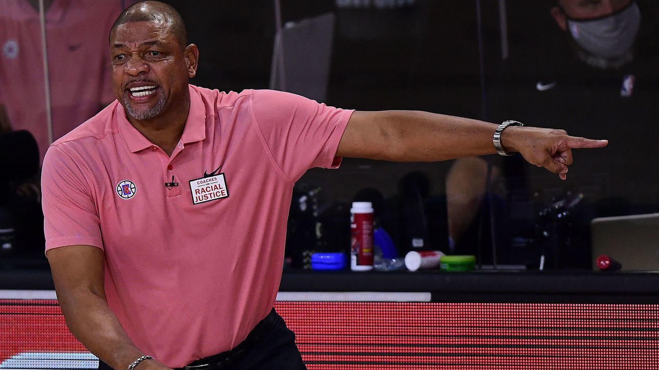 LAKE BUENA VISTA, FLORIDA - SEPTEMBER 15: Doc Rivers of the LA Clippers reacts during the first quarter against the Denver Nuggets in Game Seven of the Western Conference Second Round during the 2020 NBA Playoffs at AdventHealth Arena at the ESPN Wide World Of Sports Complex on September 15, 2020 in Lake Buena Vista, Florida.