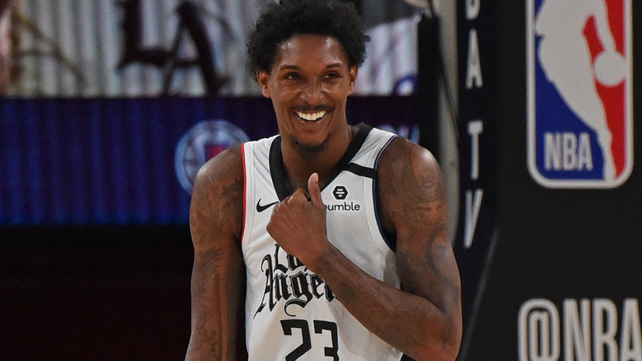 ORLANDO, FL - AUGUST 9: Lou Williams #23 of the LA Clippers smiles during the game against the Brooklyn Nets on August 9, 2020 in Orlando, Florida at AdventHealth Arena. NOTE TO USER: User expressly acknowledges and agrees that, by downloading and/or using this photograph, user is consenting to the terms and conditions of the Getty Images License Agreement. Mandatory Copyright Notice: Copyright 2020 NBAE