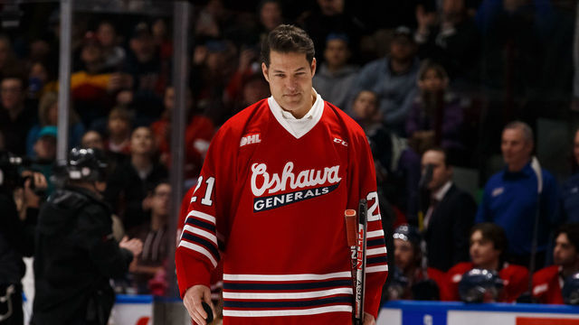 OSHAWA, ON - JANUARY 25: Bill Armstrong former player of the Oshawa Generals walks onto the ice during a pregame banner raising ceremony honouring the 1990 Memorial Cup winning team prior to an OHL game against the Kingston Frontenacs at the Tribute Communities Centre on January 25, 2020 in Oshawa, Ontario, Canada.