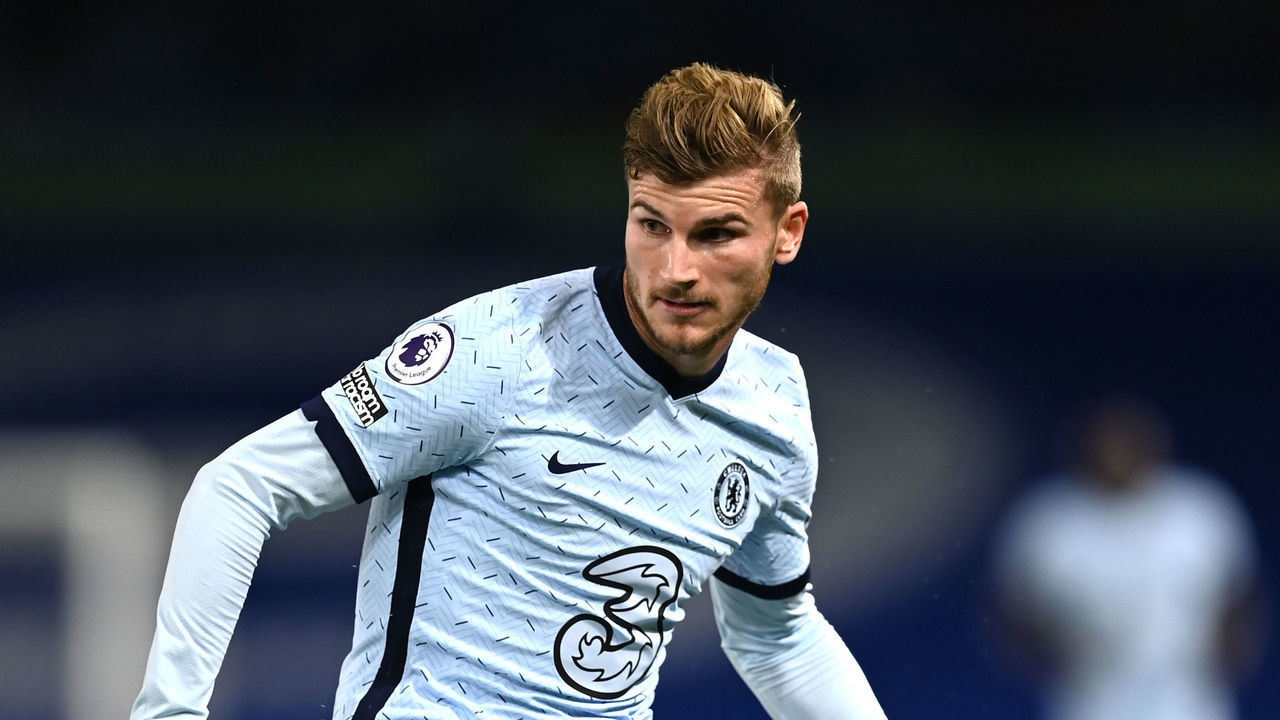 BRIGHTON, ENGLAND - SEPTEMBER 14: Timo Werner of Chelsea runs with the ball during the Premier League match between Brighton & Hove Albion and Chelsea at American Express Community Stadium on September 14, 2020 in Brighton, England.