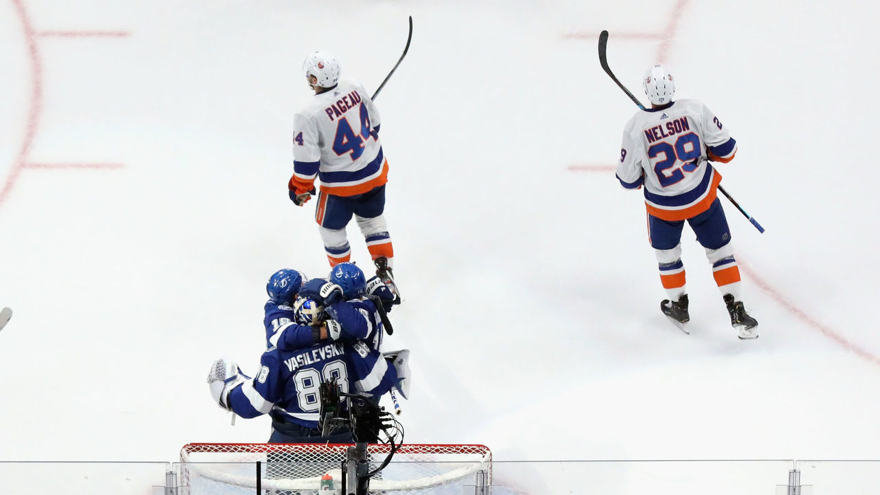EDMONTON, ALBERTA - SEPTEMBER 09: The Tampa Bay Lightning celebrate their 2-1 victory against the New York Islanders in Game Two of the Eastern Conference Final during the 2020 NHL Stanley Cup Playoffs at Rogers Place on September 09, 2020 in Edmonton, Alberta, Canada.