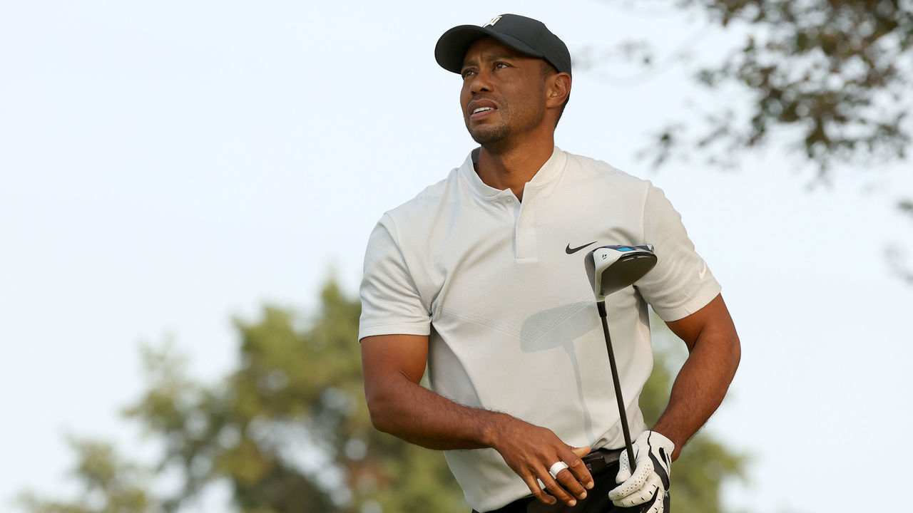 MAMARONECK, NEW YORK - SEPTEMBER 16: Tiger Woods of the United States watches his tee shot during a practice round prior to the 120th U.S. Open Championship on September 16, 2020 at Winged Foot Golf Club in Mamaroneck, New York.