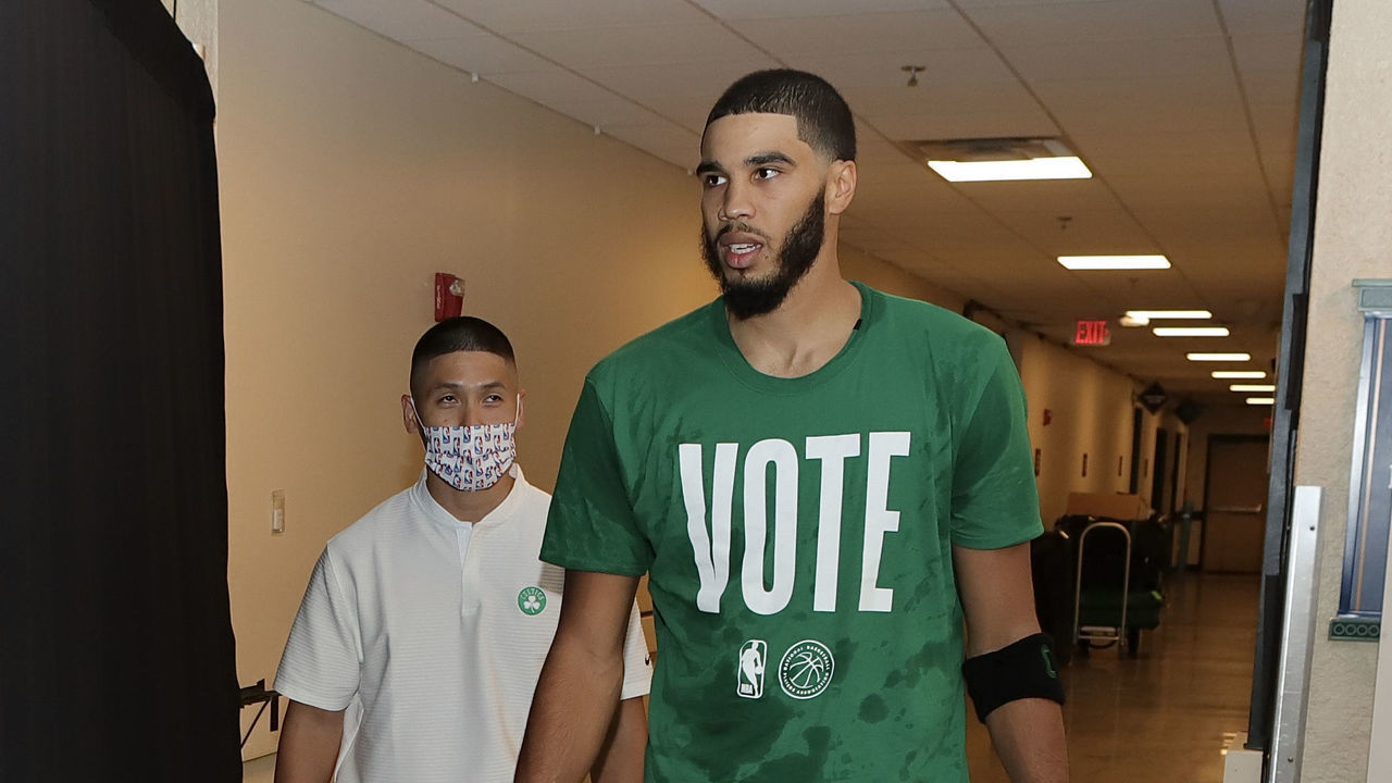 ORLANDO, FL - SEPTEMBER 15: Jayson Tatum of the Boston Celtics walks to the court after halftime in the game against the Miami Heat in Game one of the Eastern Conference Finals of the 2020 Playoffs as part of the NBA Restart 2020 on September 15, 2020 at The Field House at ESPN Wide World of Sports Complex in Orlando, Florida. NOTE TO USER: User expressly acknowledges and agrees that, by downloading and/or using this photograph, user is consenting to the terms and conditions of the Getty Images License Agreement. Mandatory Copyright Notice: Copyright 2020 NBAE