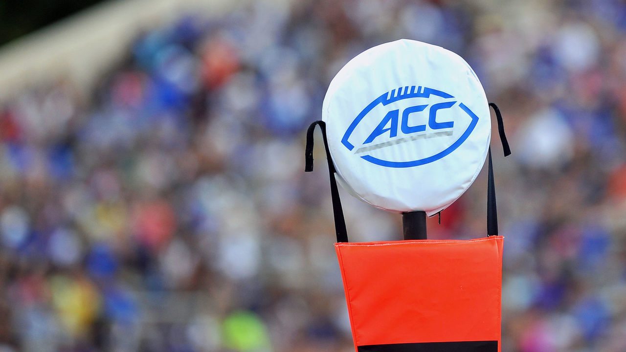 DURHAM, NC - AUGUST 30: The ACC logo is seen on a field marker during a game between the Elon Phoenix and the Duke Blue Devils at Wallace Wade Stadium on August 30, 2014 in Durham, North Carolina. Duke defeated Elon 52-13.