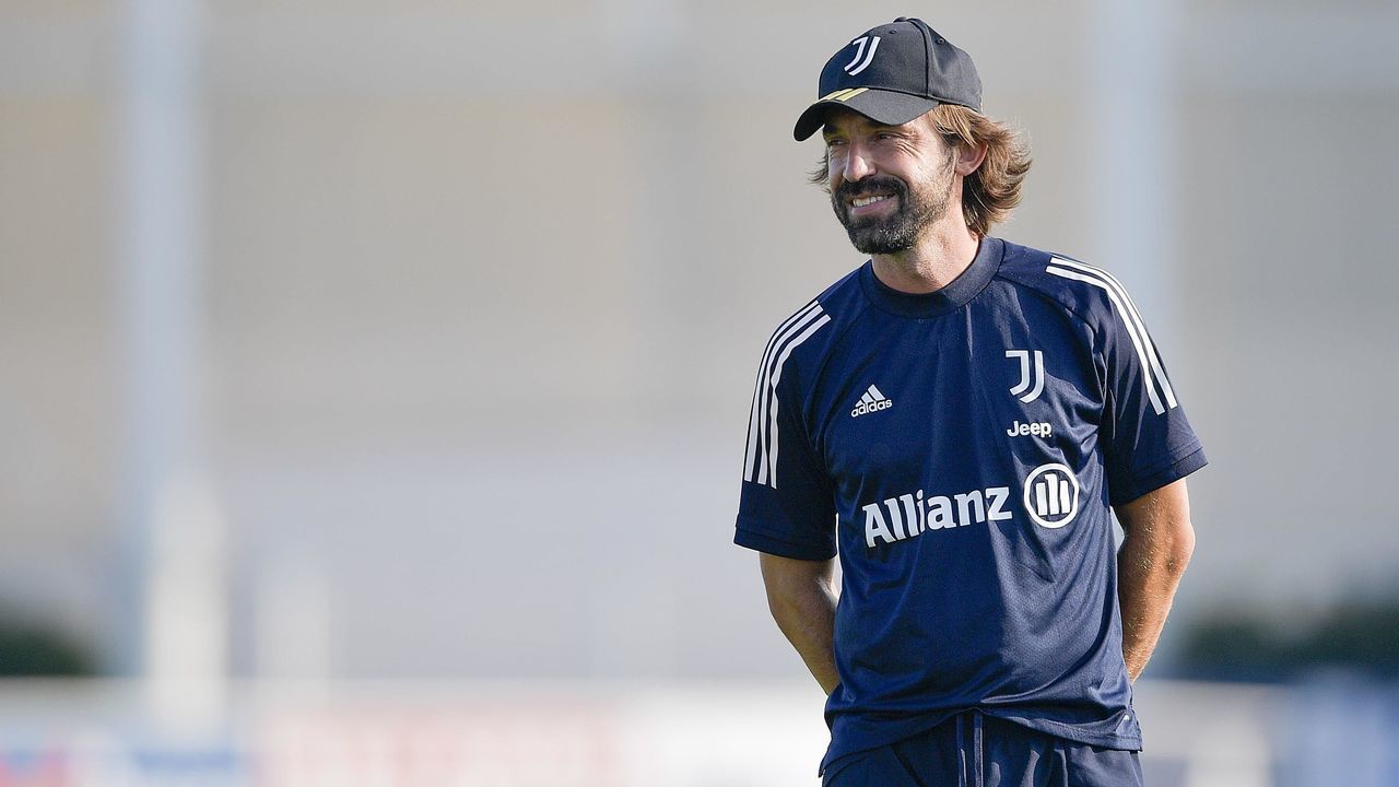 TURIN, ITALY - SEPTEMBER 15: Juventus coach Andrea Pirlo smiles during a training session at JTC on September 15, 2020 in Turin, Italy.
