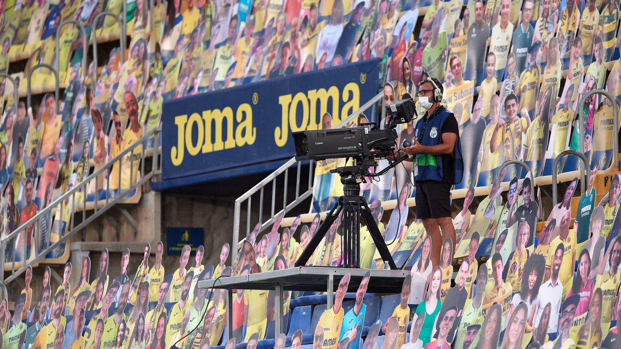 VILLAREAL, SPAIN - SEPTEMBER 13: A TV cameraman is seen in the stands during the La Liga match between Villarreal CF and SD Huesca at Estadio de la Ceramica on September 13, 2020 in Villareal, Spain.