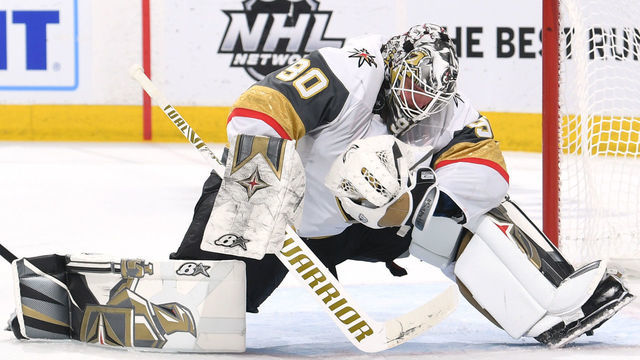 EDMONTON, ALBERTA - SEPTEMBER 12: Goaltender Robin Lehner #90 of the Vegas Golden Knights makes a save in the second period of Game Four of the Western Conference Final of the 2020 NHL Stanley Cup Playoffs between the Vegas Golden Knights and the Dallas Stars at Rogers Place on September 12, 2020 in Edmonton, Alberta.