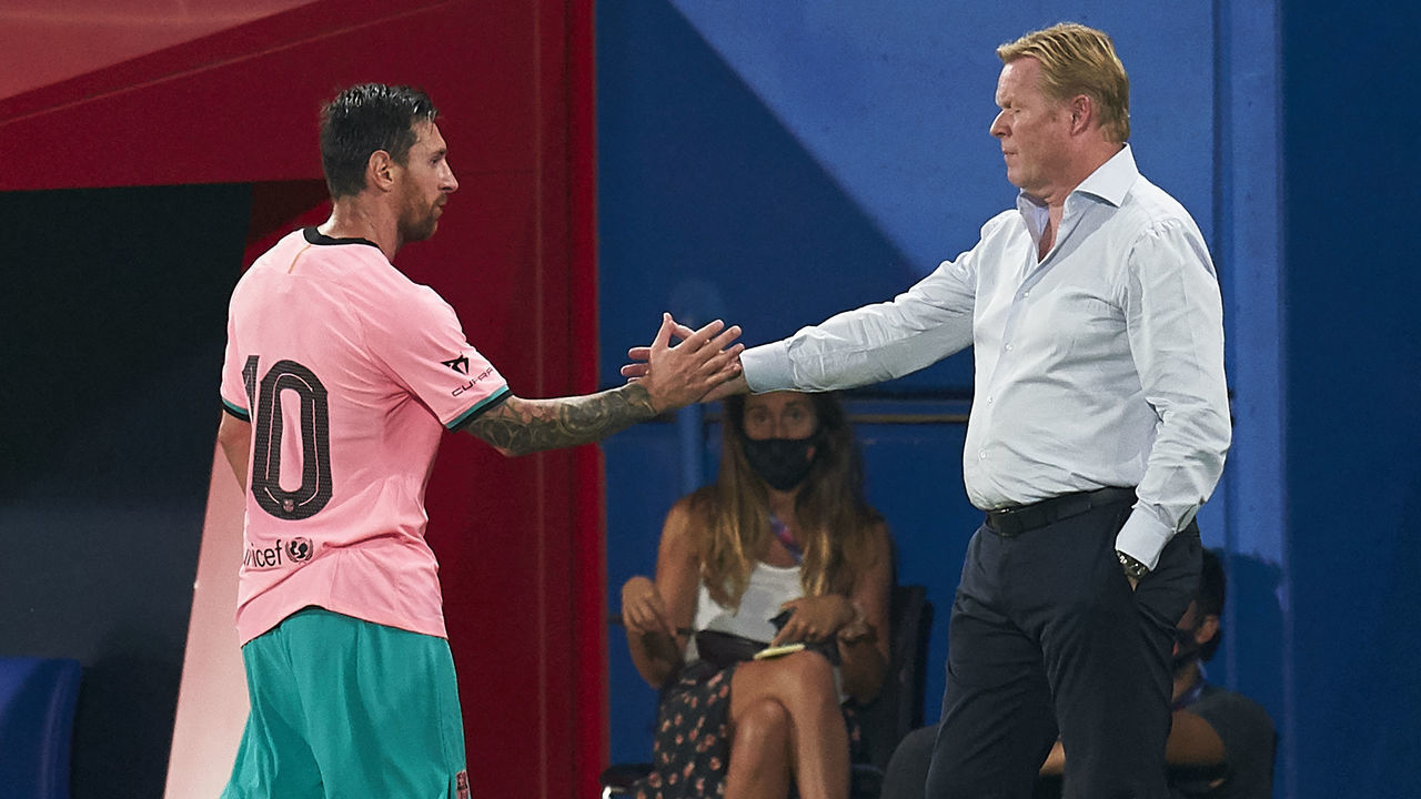 BARCELONA, SPAIN - SEPTEMBER 16: Lionel Messi of FC Barcelona Messi salutes Ronald Koeman after being substituted during the pre-season friendly match between FC Barcelona and Girona at Estadi Johan Cruyff on September 16, 2020 in Barcelona, Spain.