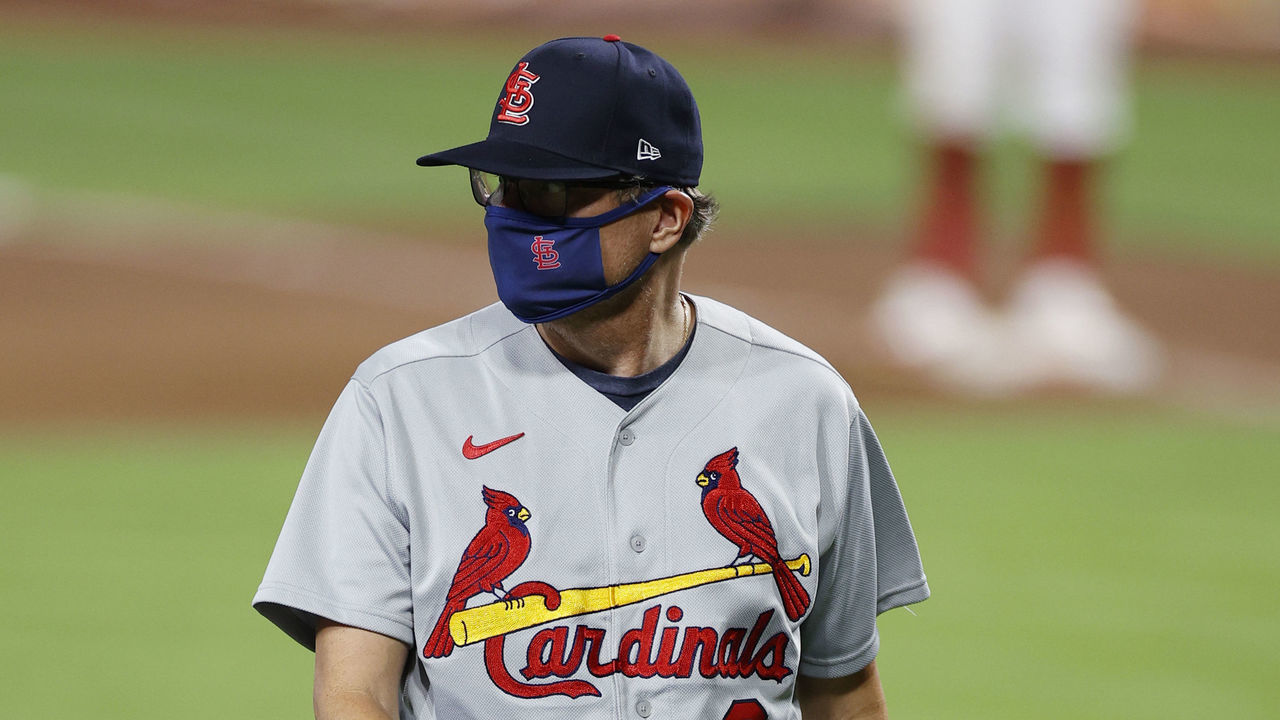 CINCINNATI, OH - AUGUST 31: St Louis Cardinals manager Mike Shildt #8 looks on during a game against the Cincinnati Reds at Great American Ball Park on August 31, 2020 in Cincinnati, Ohio. The Cardinals defeated the Reds 7-5.