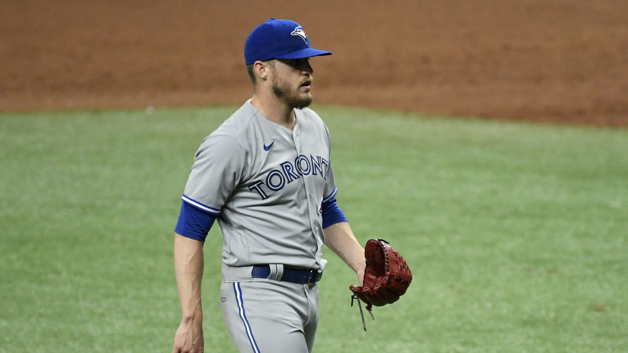 ST PETERSBURG, FLORIDA - JULY 24: Ken Giles #51 of the Toronto Blue Jays reacts after defeating the Tampa Bay Rays on Opening Day at Tropicana Field on July 24, 2020 in St Petersburg, Florida. The 2020 season had been postponed since March due to the COVID-19 pandemic.
