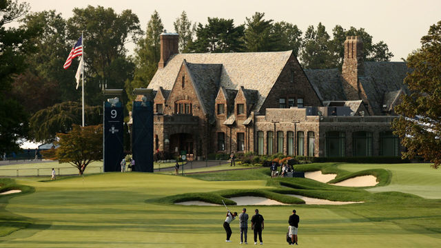 MAMARONECK, NEW YORK - SEPTEMBER 16: Tiger Woods of the United States plays an approach shot on the ninth hole as the clubhouse is seen during a practice round prior to the 120th U.S. Open Championship on September 16, 2020 at Winged Foot Golf Club in Mamaroneck, New York.