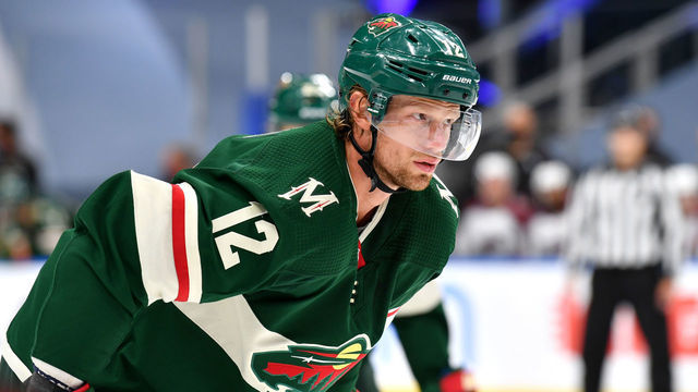 EDMONTON, ALBERTA - JULY 29: Eric Staal #12 of the Minnesota Wild watches the play during the first period against the Colorado Avalanche in the exhibition game prior to the 2020 NHL Stanley Cup Playoffs at Rogers Place on July 29, 2020 in Edmonton, Alberta.