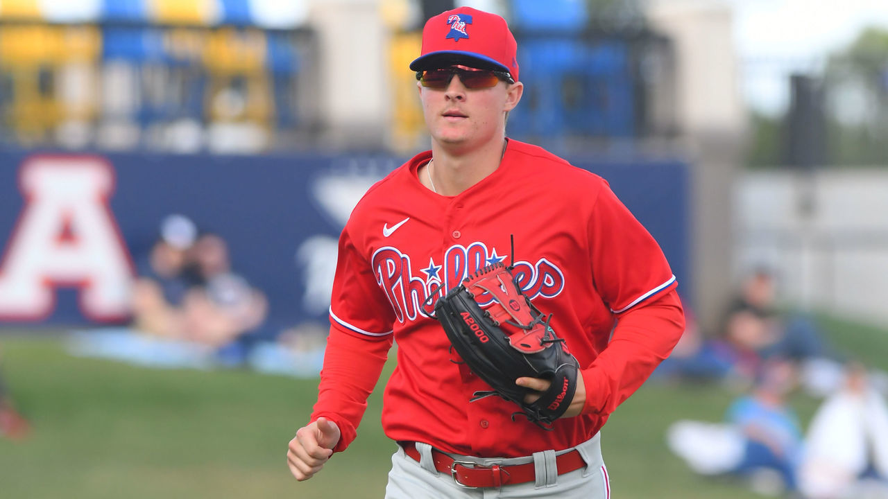 LAKELAND, FL - FEBRUARY 22: Mickey Moniak #78 of the Philadelphia Phillies runs across the field during the Spring Training game against the Detroit Tigers at Publix Field at Joker Marchant Stadium on February 22, 2020 in Lakeland, Florida. The game ended in an 8-8 tie.