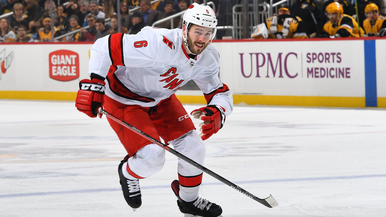 PITTSBURGH, PA - MARCH 08: Joel Edmundson #6 of the Carolina Hurricanes skates against the Pittsburgh Penguins at PPG PAINTS Arena on March 8, 2020 in Pittsburgh, Pennsylvania.