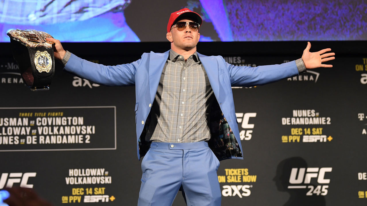 NEW YORK, NY - NOVEMBER 01: Colby Covington poses on stage during the UFC 245 press conference at the Hulu Theatre at Madison Square Garden on November 1, 2019 in New York, New York.