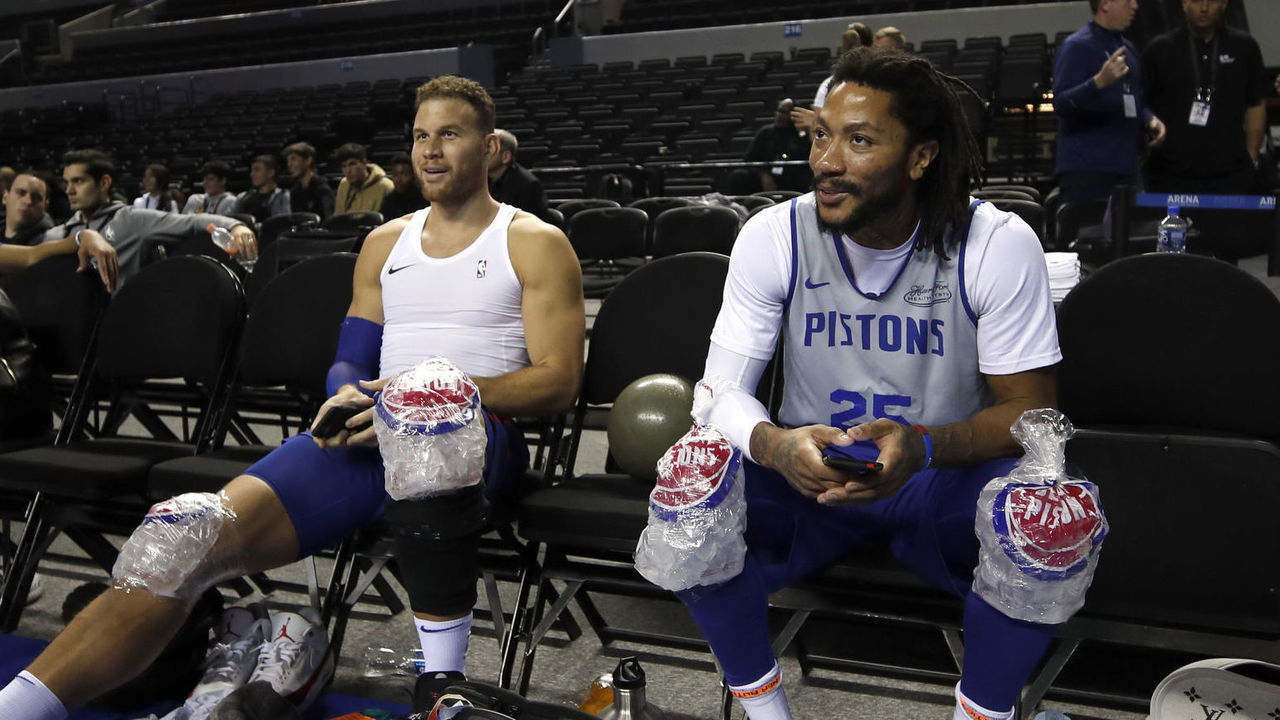 MEXICO CITY, MEXICO - DECEMBER 11: Blake Griffin #23 and Derrick Rose #25 of the Detroit Pistons during practice and media availability as part of the NBA Mexico Games 2019 on December 11, 2019 at the Mexico City Arena in Mexico City, Mexico. NOTE TO USER: User expressly acknowledges and agrees that, by downloading and/or using this photograph, user is consenting to the terms and conditions of the Getty Images License Agreement. Mandatory Copyright Notice: Copyright 2019 NBAE