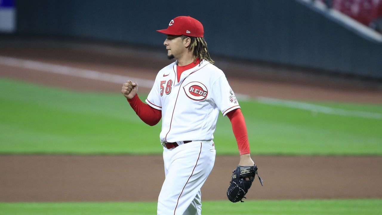 CINCINNATI, OHIO - SEPTEMBER 16: Luis Castillo #58 of the Cincinnati Reds celebrates after the third out of the 7th inning against the Pittsburgh Pirates at Great American Ball Park on September 16, 2020 in Cincinnati, Ohio.