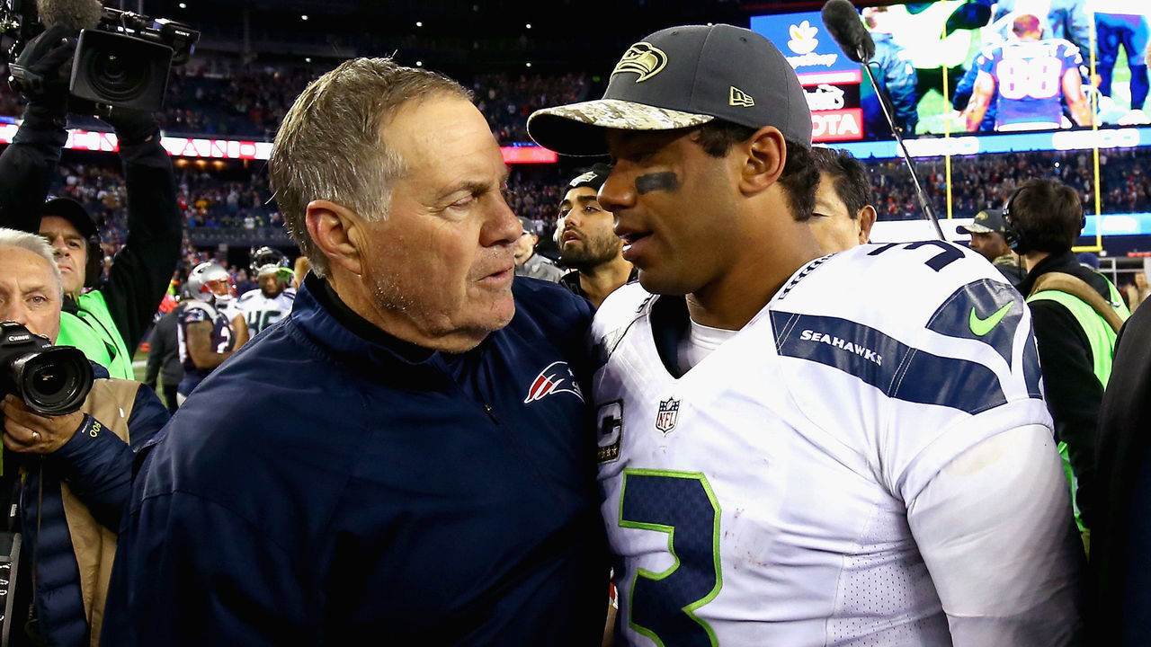 FOXBORO, MA - NOVEMBER 13: Head coach Bill Belichick shakes hands with Russell Wilson #3 of the Seattle Seahawks after a game at Gillette Stadium on November 13, 2016 in Foxboro, Massachusetts.