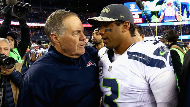 FOXBORO, MA - NOVEMBER 13: Head coach Bill Belichick shakes hands with Russell Wilson #3 of the Seattle Seahawks after a game at Gillette Stadium on November 13, 2016 in Foxboro, Massachusetts.