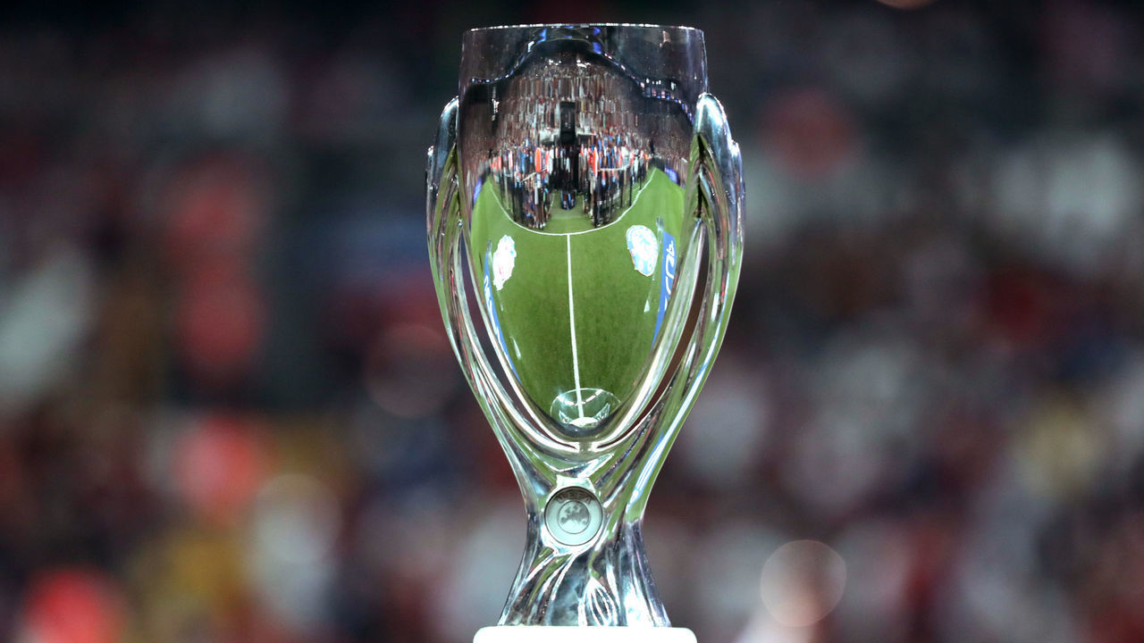 ISTANBUL, TURKEY - AUGUST 14: The UEFA Super Cup trophy is seen prior to the UEFA Super Cup match between Liverpool and Chelsea at Vodafone Park on August 14, 2019 in Istanbul, Turkey.