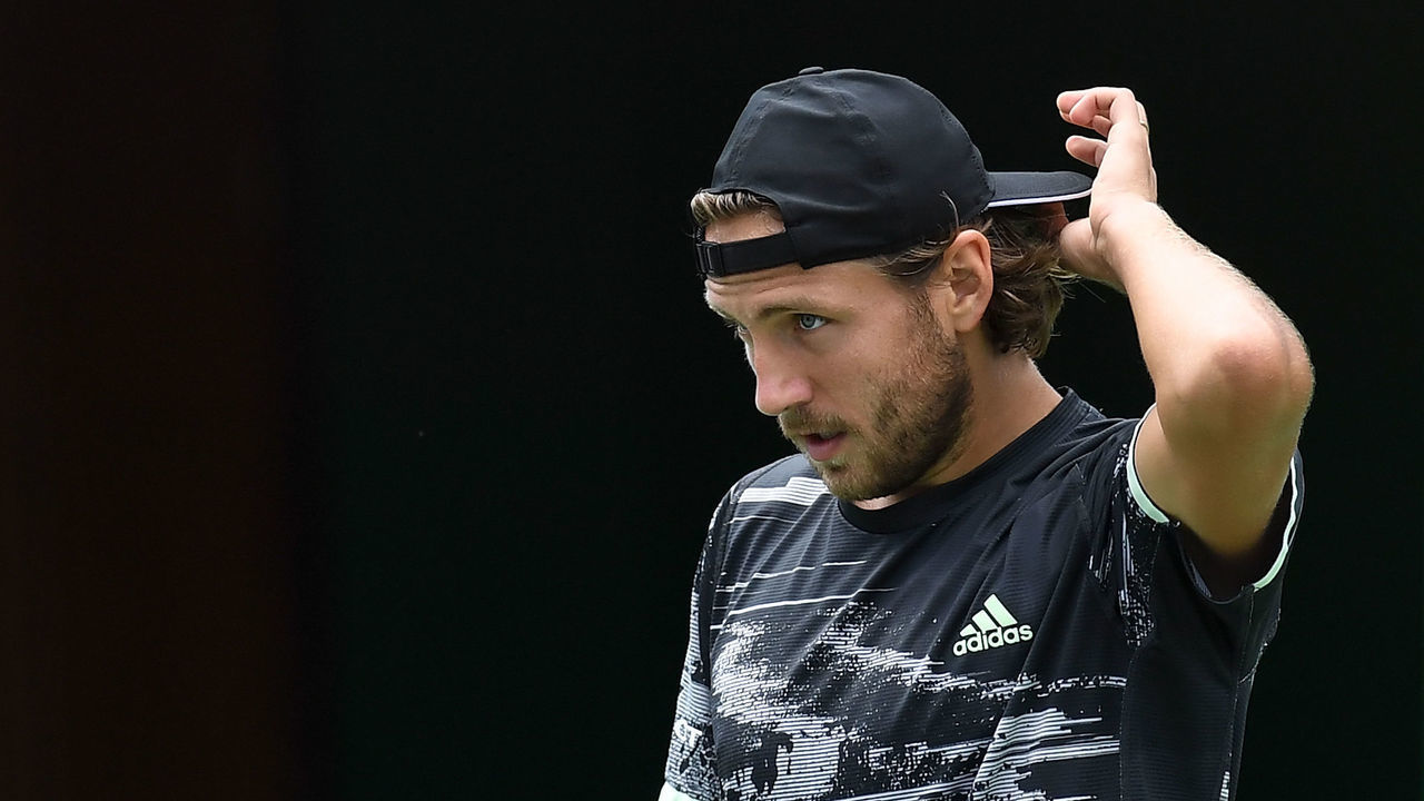 SHANGHAI, CHINA - OCTOBER 09: Lucas Pouille of France reacts against John Isner of the United States on day five of 2019 Rolex Shanghai Masters at Qi Zhong Tennis Centre at Qi Zhong Tennis Centre on October 9, 2019 in Shanghai, China.