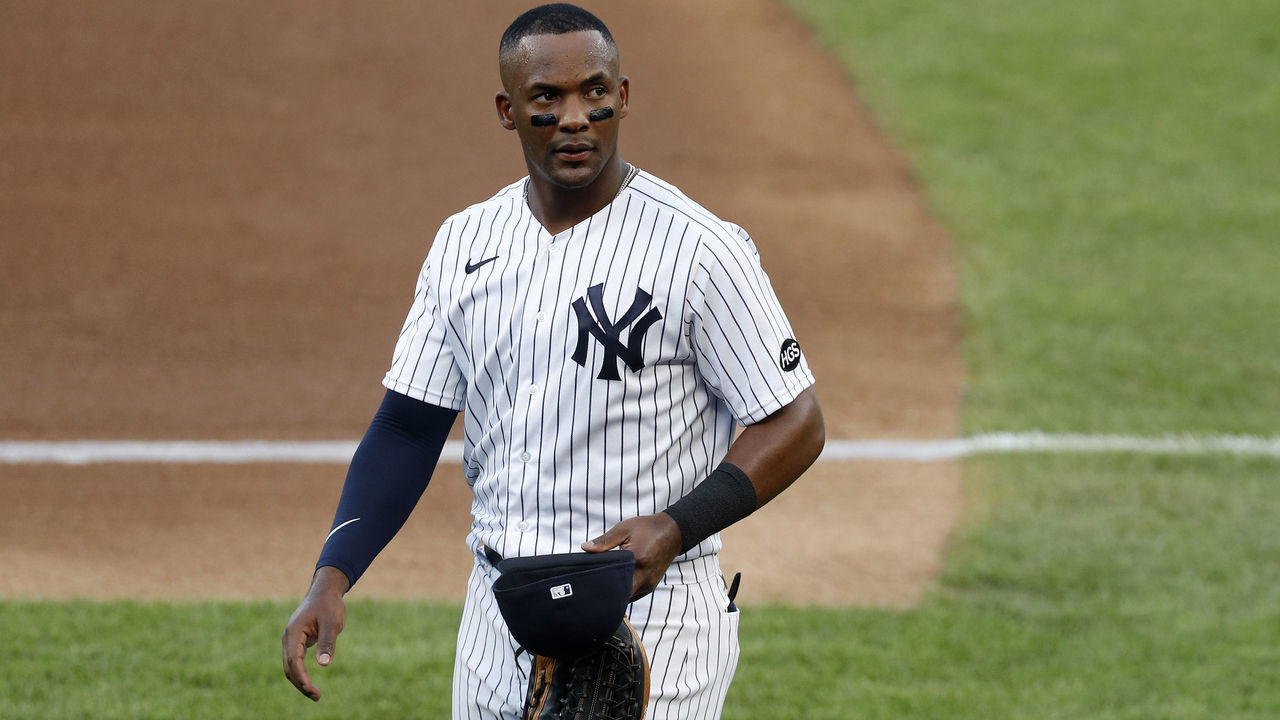 NEW YORK, NEW YORK - AUGUST 02: (NEW YORK DAILIES OUT) Miguel Andujar #41 of the New York Yankees looks on before a game against the Boston Red Sox at Yankee Stadium on August 02, 2020 in New York City. The Yankees defeated the Red Sox 9-7.