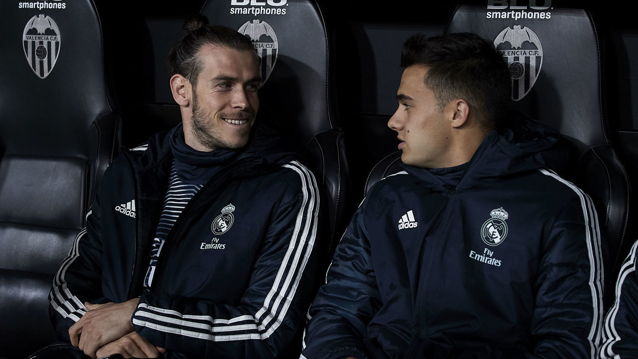 VALENCIA, SPAIN - APRIL 03: Gareth Bale and Sergio Reguilon of Real Madrid look on prior to the La Liga match between Valencia CF and Real Madrid CF at Estadio Mestalla on April 03, 2019 in Valencia, Spain.
