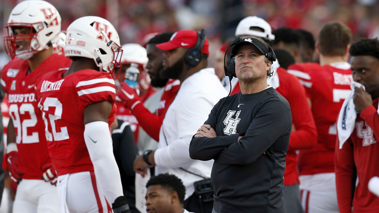 HOUSTON, TX - NOVEMBER 16: Head coach Dana Holgorsen of the Houston Cougars looks to the scoreboard in the second quarter against the Memphis Tigers at TDECU Stadium on November 16, 2019 in Houston, Texas.