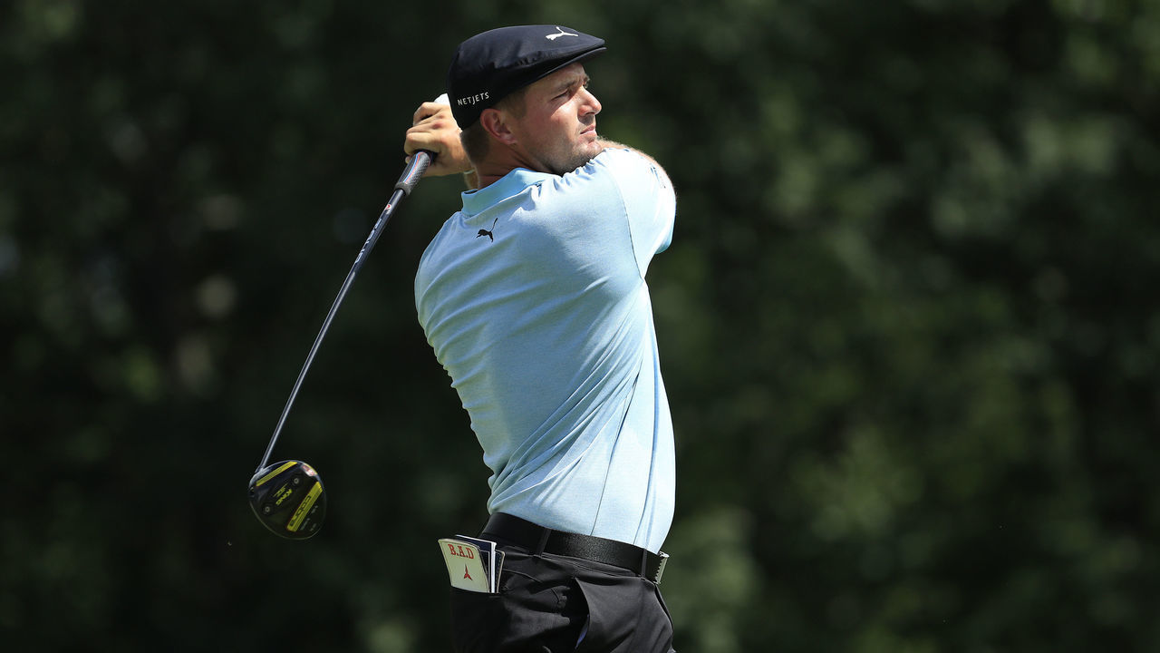 OLYMPIA FIELDS, ILLINOIS - AUGUST 28: Bryson DeChambeau of the United States plays his shot from the 15th tee during the second round of the BMW Championship on the North Course at Olympia Fields Country Club on August 28, 2020 in Olympia Fields, Illinois.