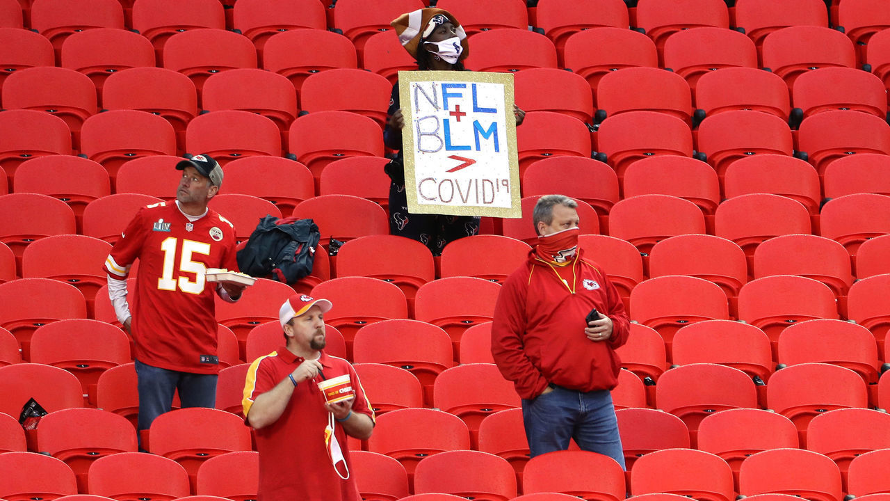 KANSAS CITY, MISSOURI - SEPTEMBER 10: A Houston Texans fane holds a Black Lives Matter sign before the start of a game between the Kansas City Chiefs and the Houston Texans at Arrowhead Stadium on September 10, 2020 in Kansas City, Missouri.