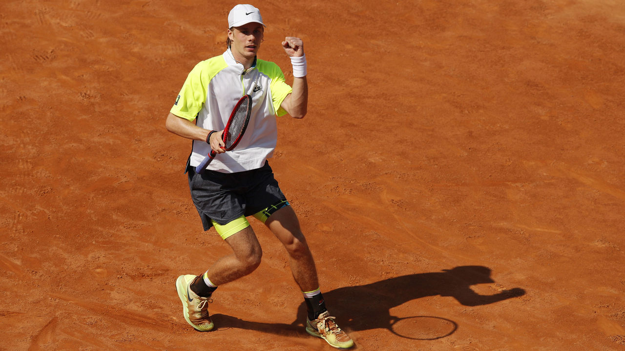 ROME, ITALY - SEPTEMBER 17: Denis Shapovalov of Canada celebrates match point in his round two match against Pedro Martinez of Spain during day four of the Internazionali BNL d'Italia at Foro Italico on September 17, 2020 in Rome, Italy.