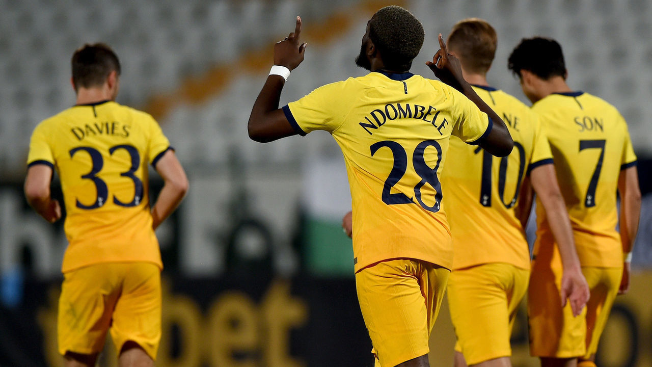 PLOVDIV, BULGARIA - SEPTEMBER 17: Tanguy Ndombele of Tottenham Hotspur celebrates with teammates after scoring his sides second goal during the UEFA Europa League second qualifying round match between Lokomotiv Plovdiv and Tottenham Hotspur at Stadion Lokomotiv Plovdiv on September 17, 2020 in Plovdiv, Bulgaria.