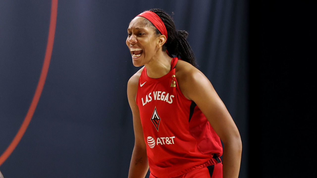 PALMETTO, FL - SEPTEMBER 13: A'ja Wilson #22 of the Las Vegas Aces reacts during a game against the Seattle Storm on September 13, 2020 at Feld Entertainment Center in Palmetto, Florida. NOTE TO USER: User expressly acknowledges and agrees that, by downloading and/or using this Photograph, user is consenting to the terms and conditions of the Getty Images License Agreement. Mandatory Copyright Notice: Copyright 2020 NBAE