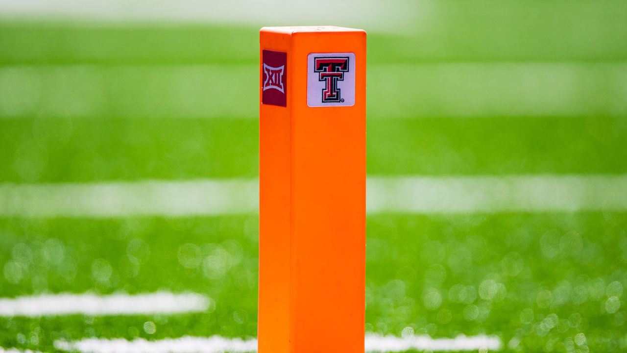 LUBBOCK, TEXAS - OCTOBER 05: An end zone pylon bearing the logos of the Texas Tech Red Raiders and the Big 12 Conference is pitcured during the second half of the college football game against the Oklahoma State Cowboys on October 05, 2019 at Jones AT&T Stadium in Lubbock, Texas.