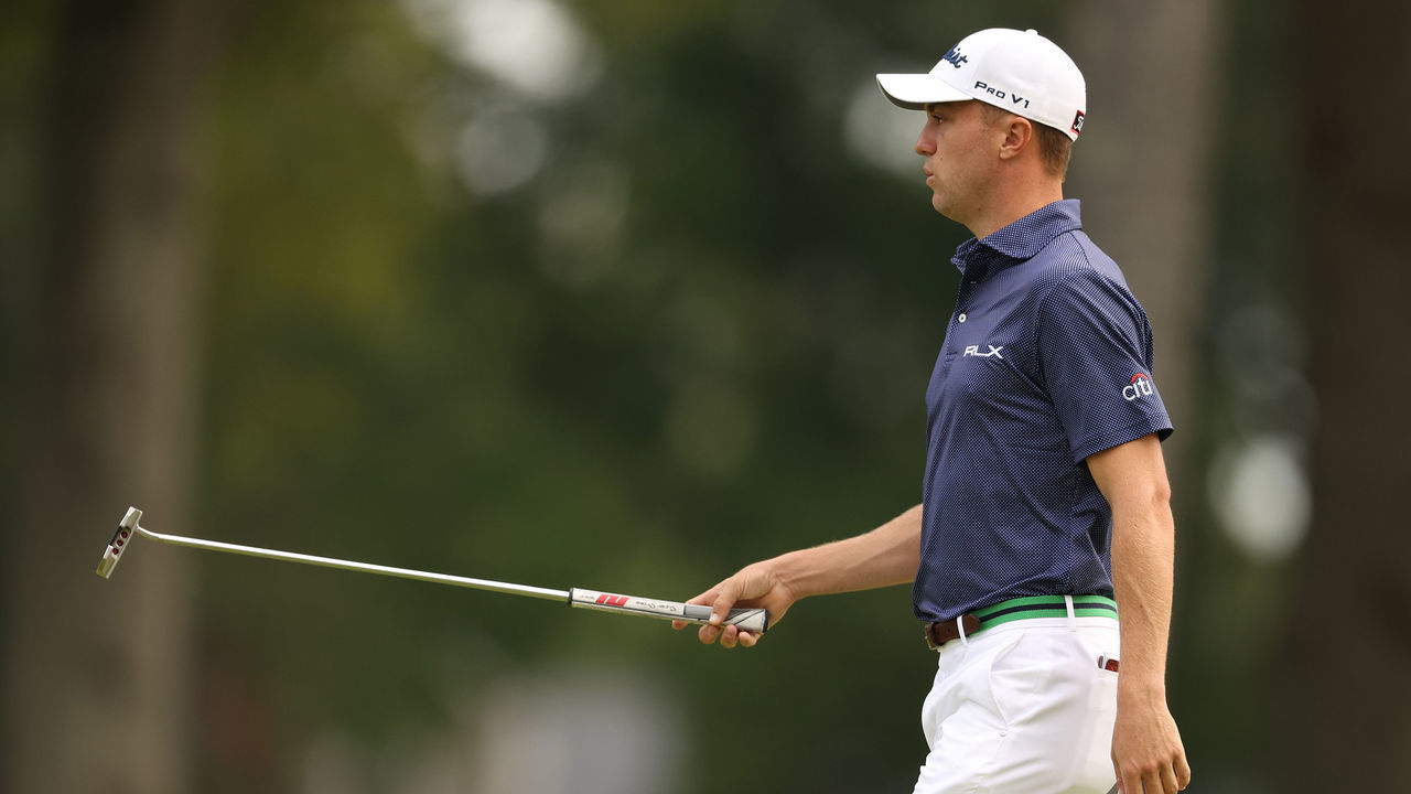 MAMARONECK, NEW YORK - SEPTEMBER 17: Justin Thomas of the United States reacts to a putt on the seventh green during the first round of the 120th U.S. Open Championship on September 17, 2020 at Winged Foot Golf Club in Mamaroneck, New York.
